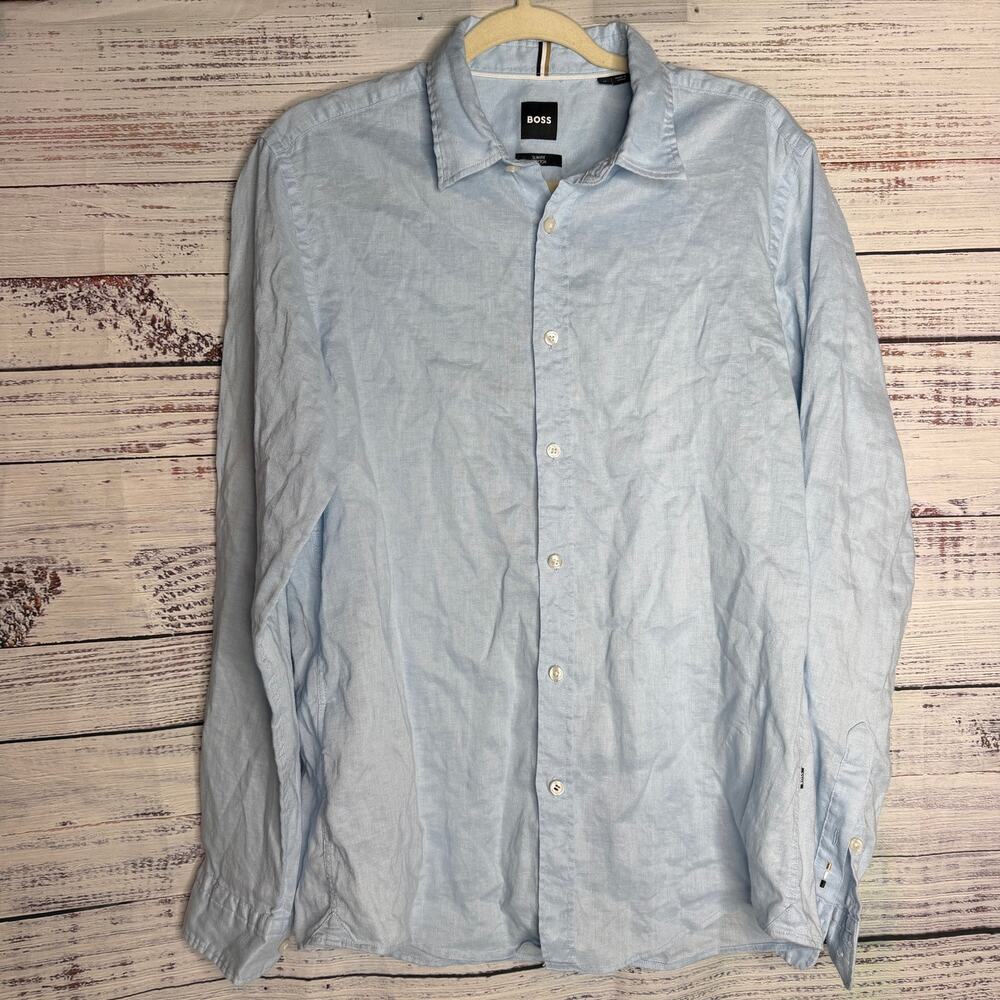 BOSS Hugo Boss Mens M Blue Linen Shirt Slim Fit Stretch Long Sleeve Button Up